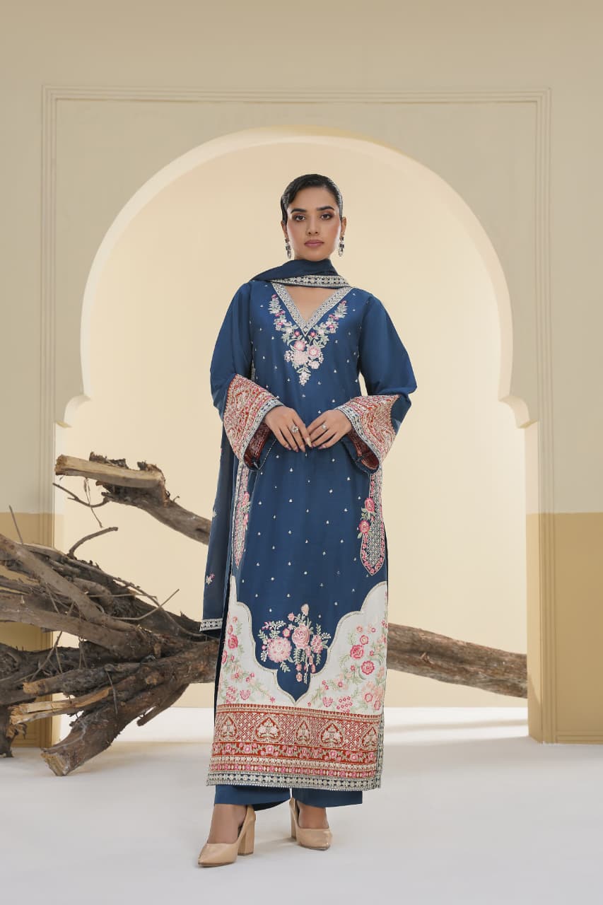 3 Piece Stitched Embroidered Silk Suit