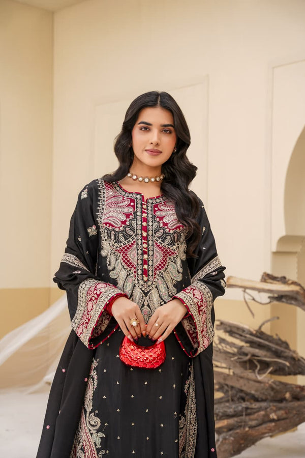 3 Piece Stitched Embroidered Silk Suit