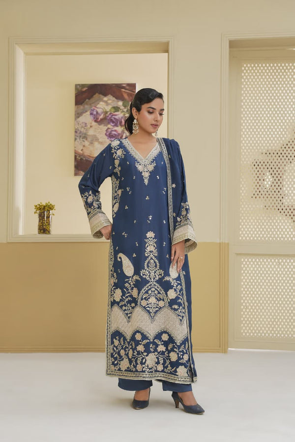 3 Piece Stitched Embroidered Silk Suit