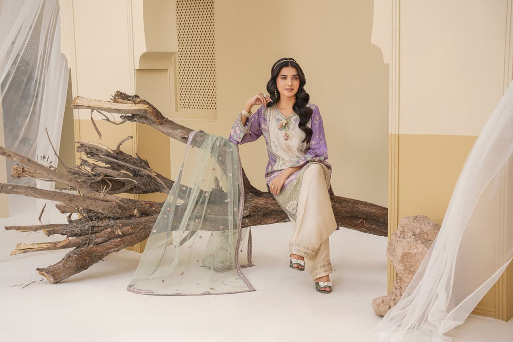 3 Piece Stitched Embroidered Silk Suit