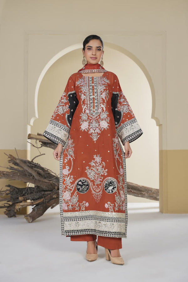 3 Piece Stitched Embroidered Silk Suit