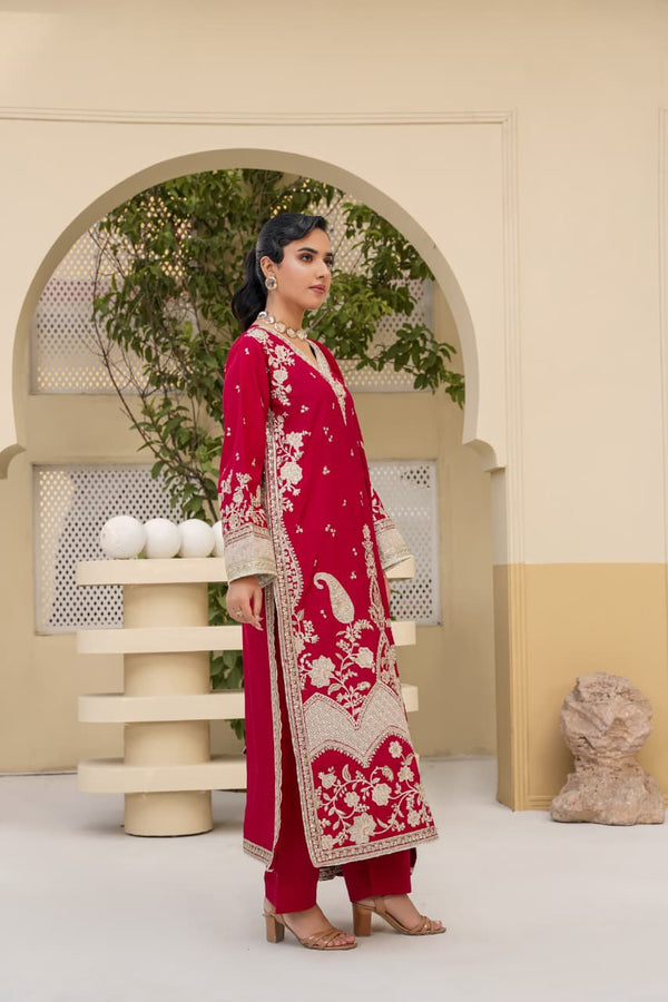 3 Piece Stitched Embroidered Silk Suit
