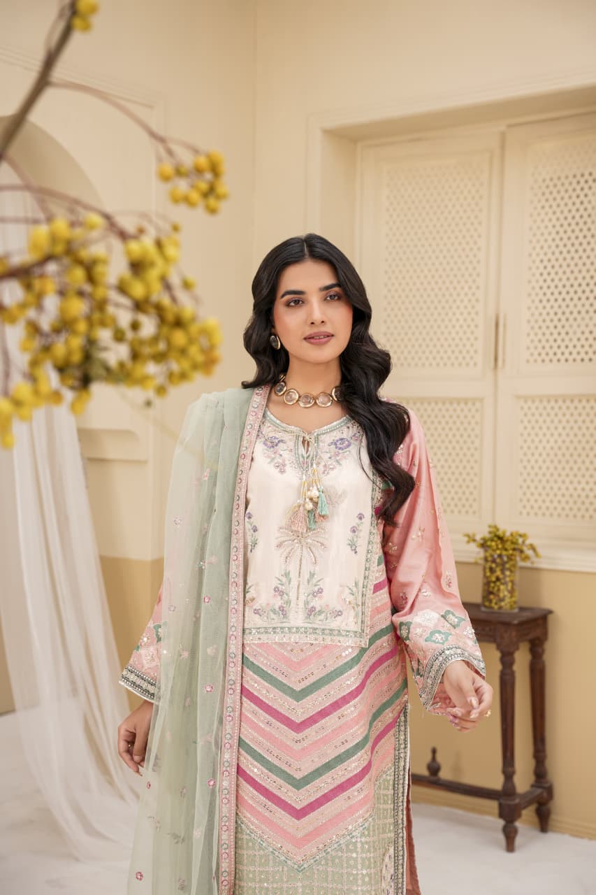3 Piece Stitched Embroidered Silk Suit