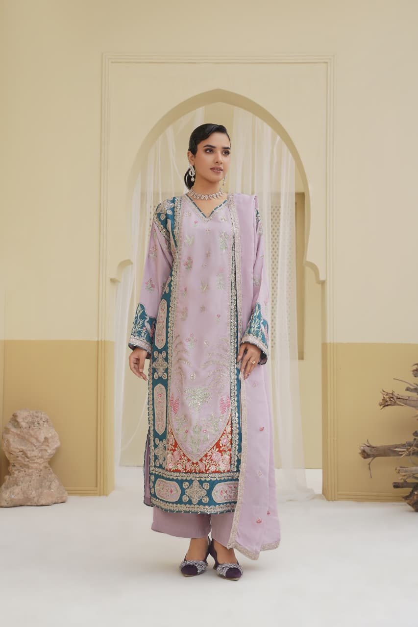 3 Piece Stitched Embroidered Silk Suit