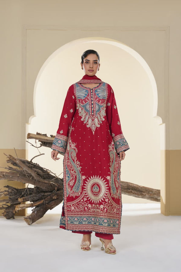 3 Piece Stitched Embroidered Silk Suit