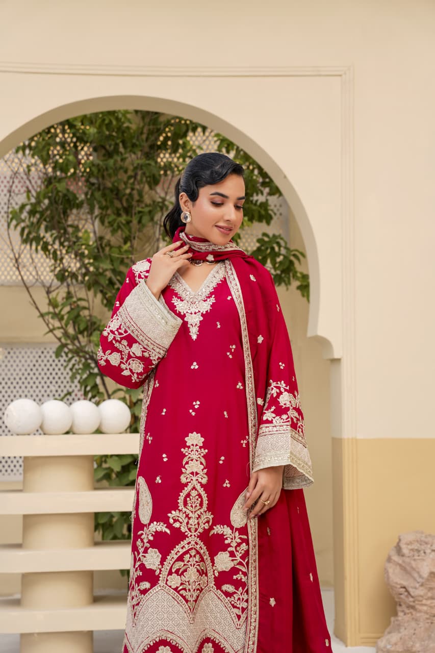 3 Piece Stitched Embroidered Silk Suit