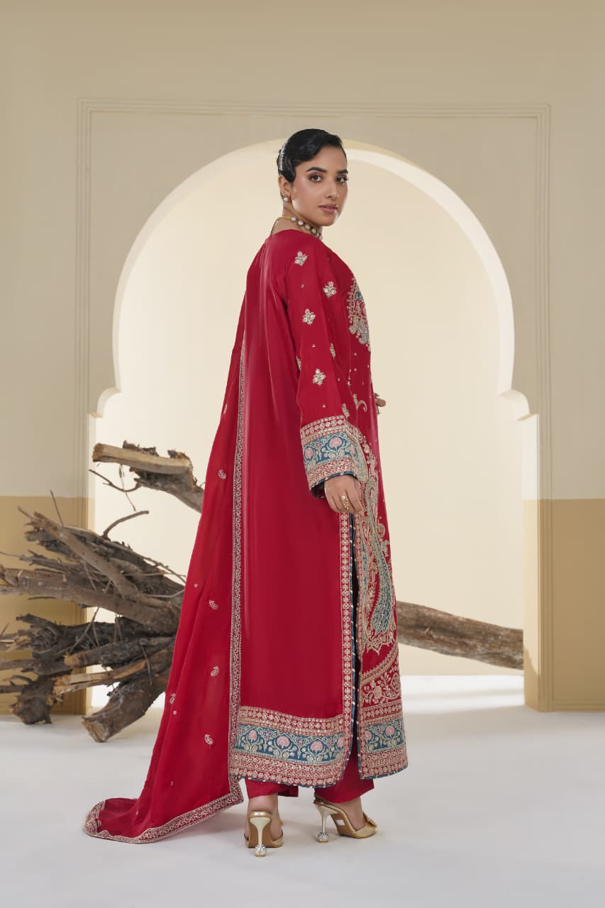 3 Piece Stitched Embroidered Silk Suit