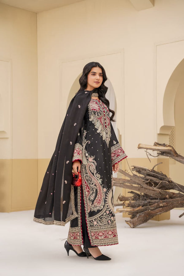 3 Piece Stitched Embroidered Silk Suit
