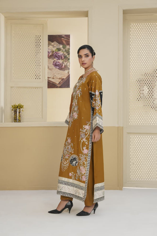 3 Piece Stitched Embroidered Silk Suit