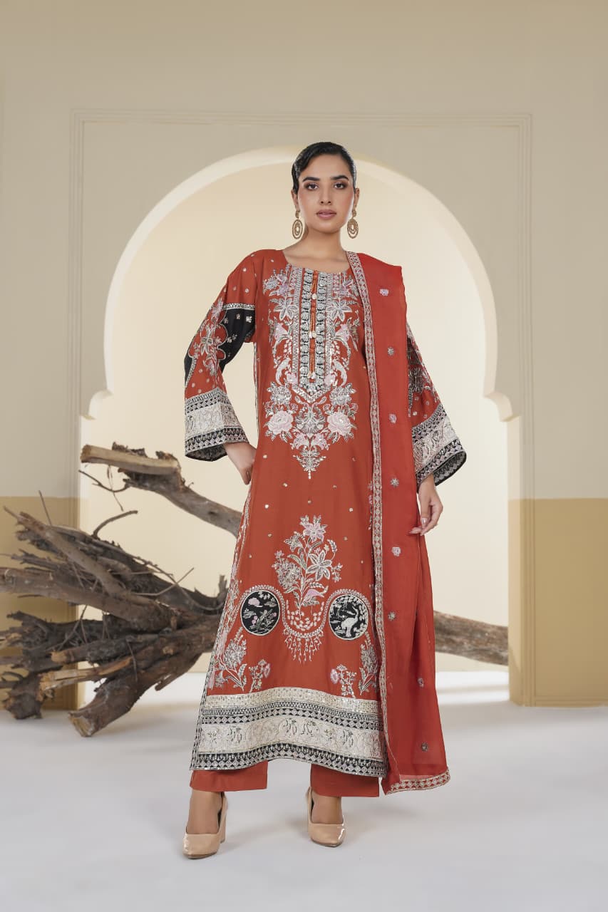 3 Piece Stitched Embroidered Silk Suit