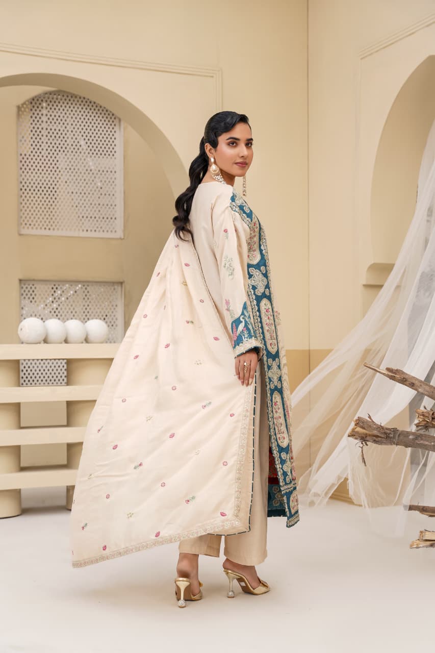 3 Piece Stitched Embroidered Silk Suit