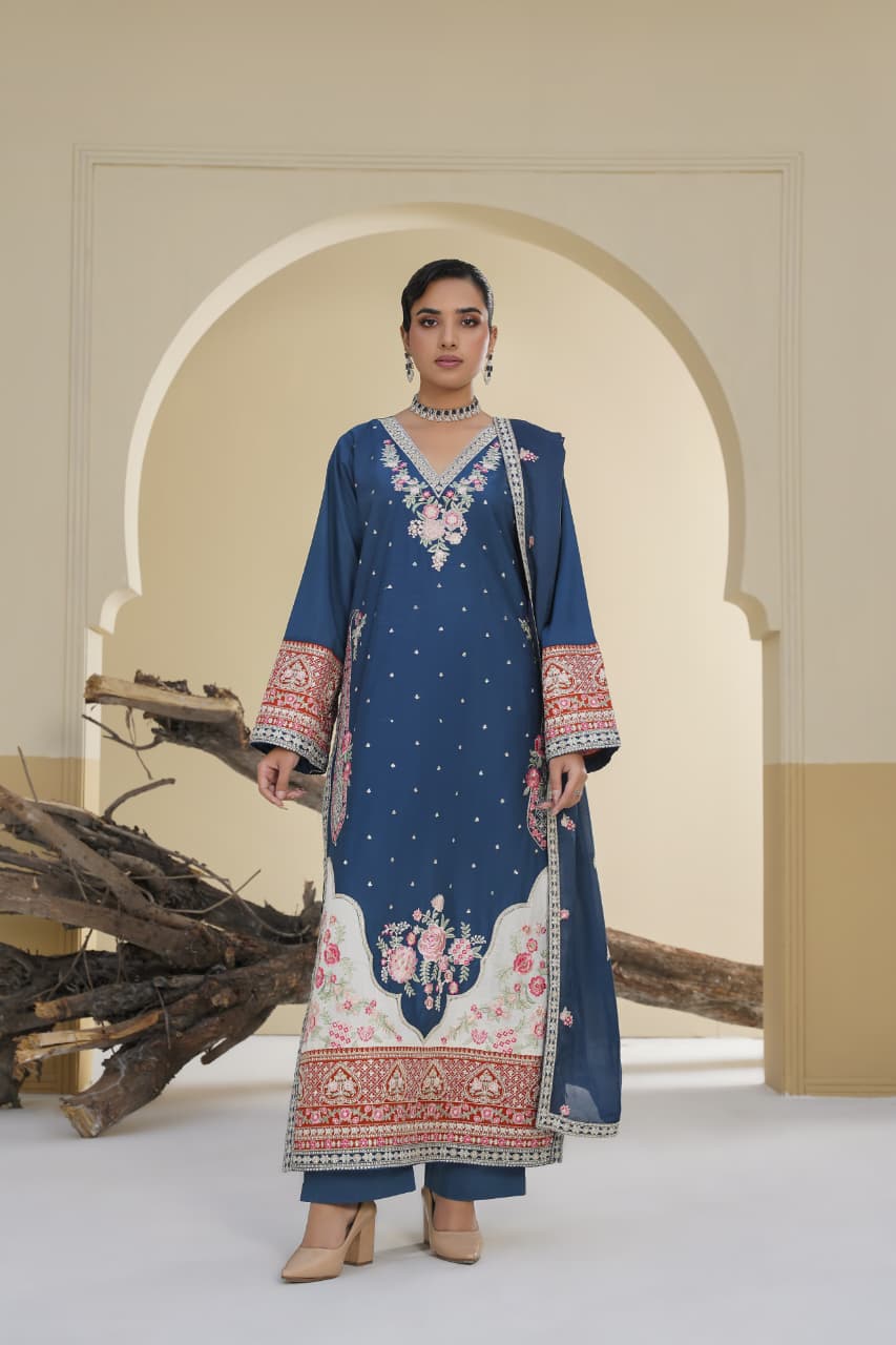 3 Piece Stitched Embroidered Silk Suit