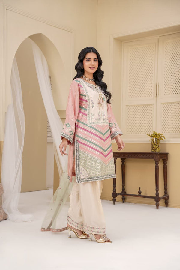 3 Piece Stitched Embroidered Silk Suit