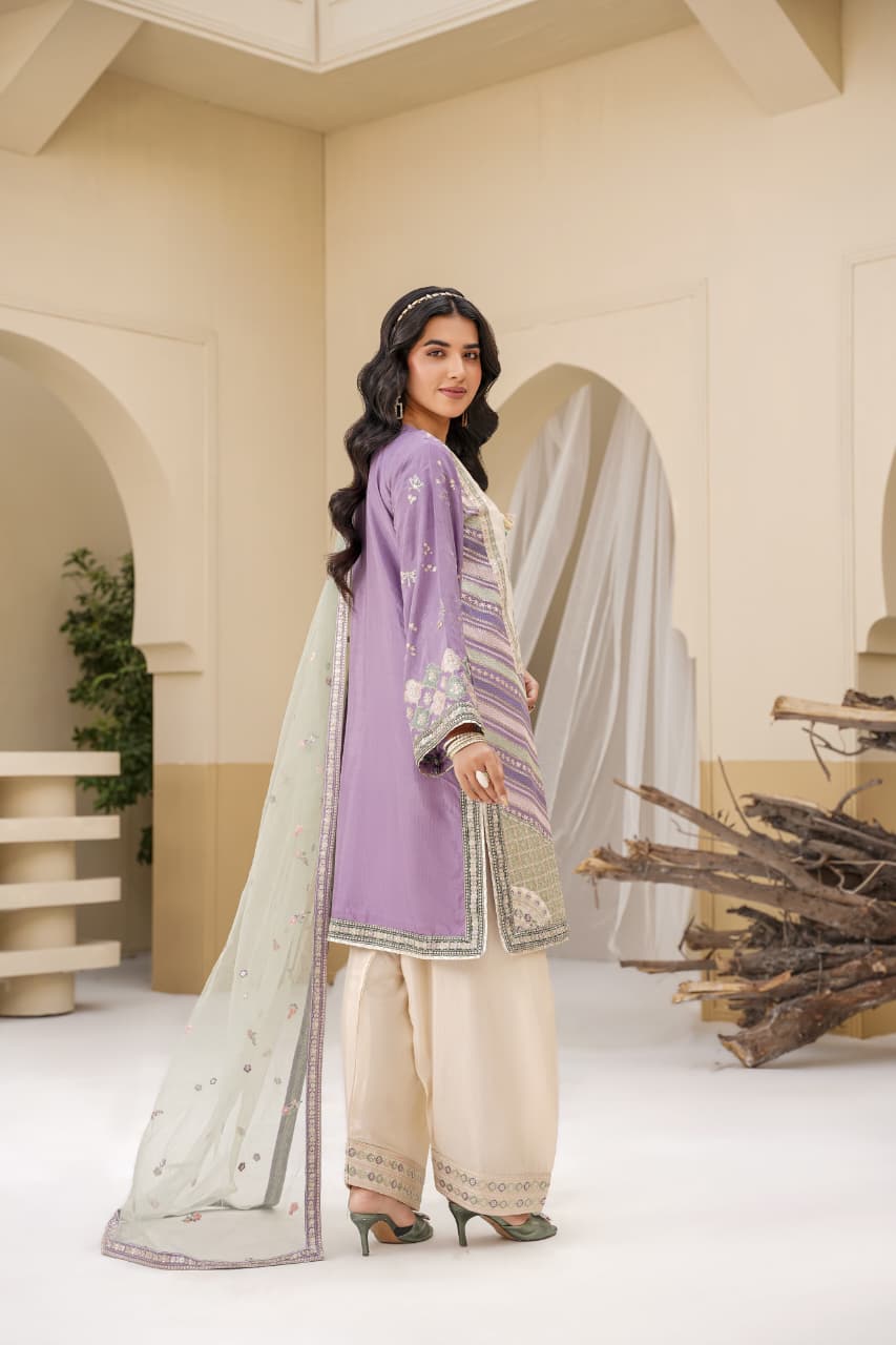 3 Piece Stitched Embroidered Silk Suit