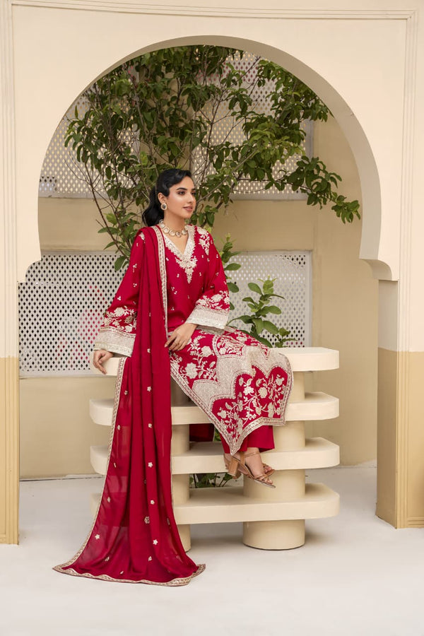 3 Piece Stitched Embroidered Silk Suit