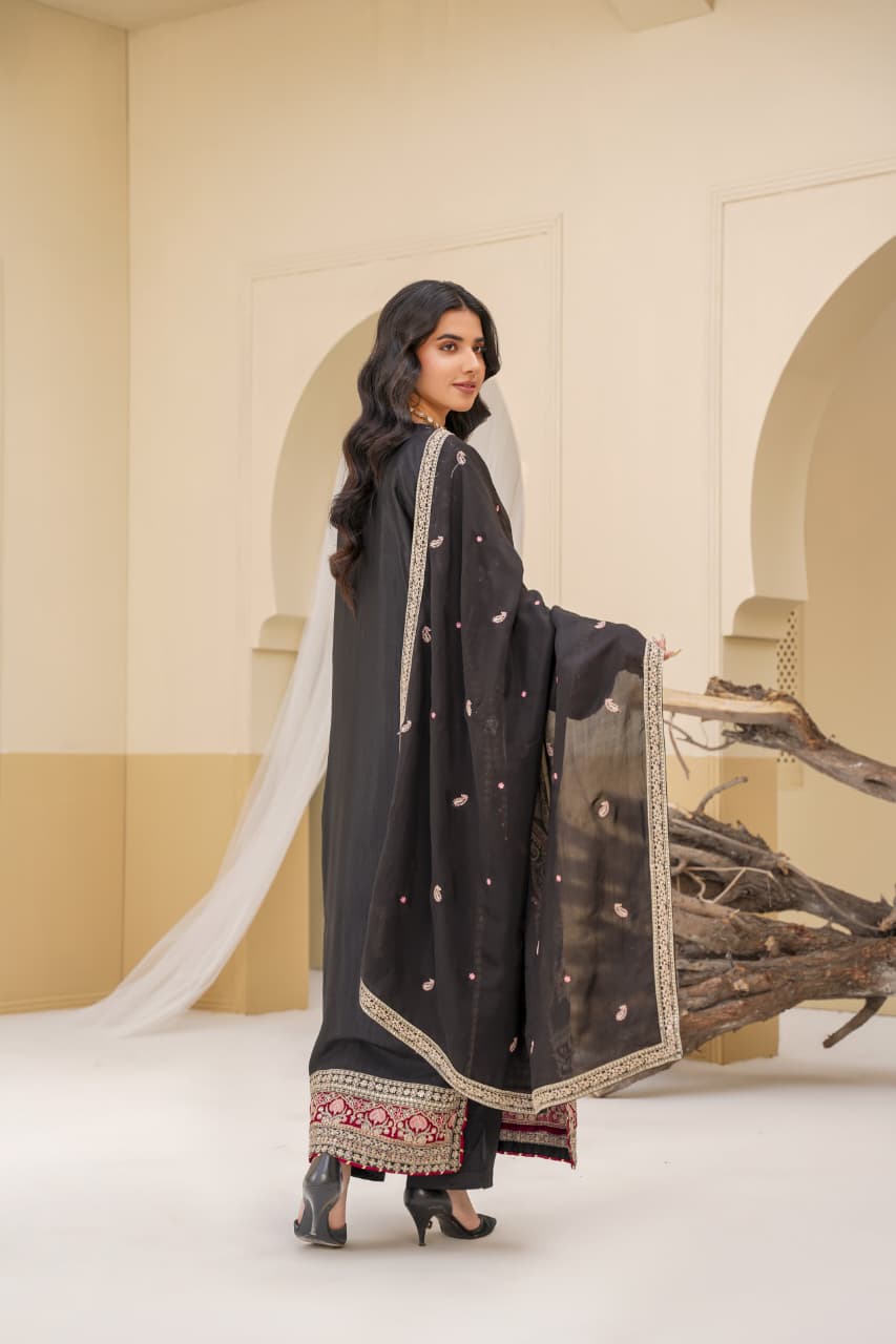 3 Piece Stitched Embroidered Silk Suit