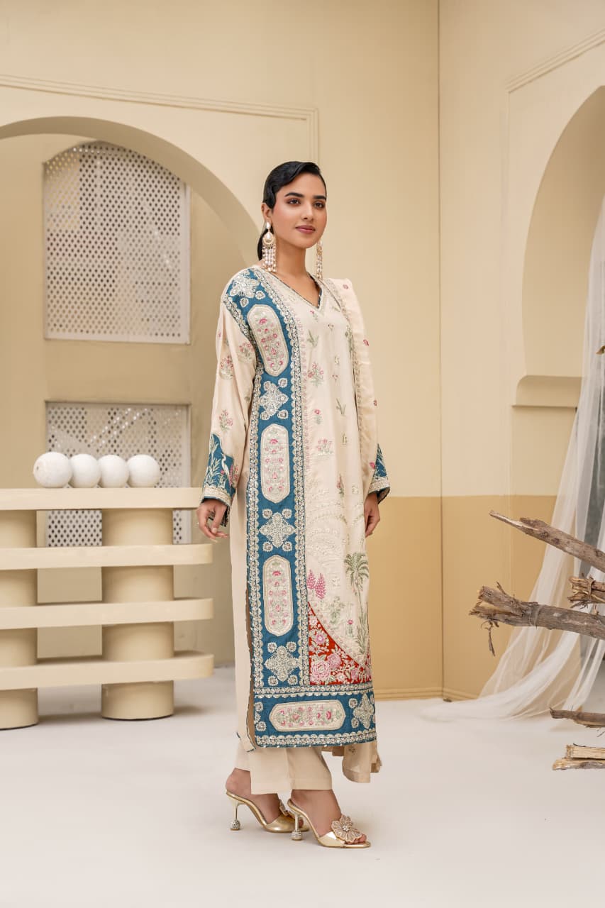 3 Piece Stitched Embroidered Silk Suit