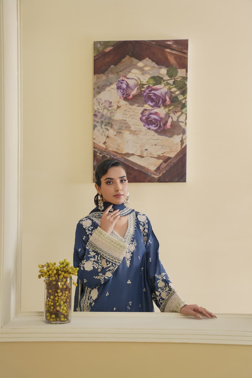 3 Piece Stitched Embroidered Silk Suit