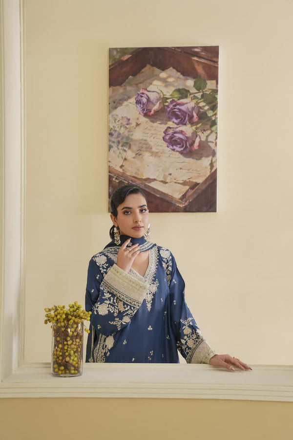 3 Piece Stitched Embroidered Silk Suit