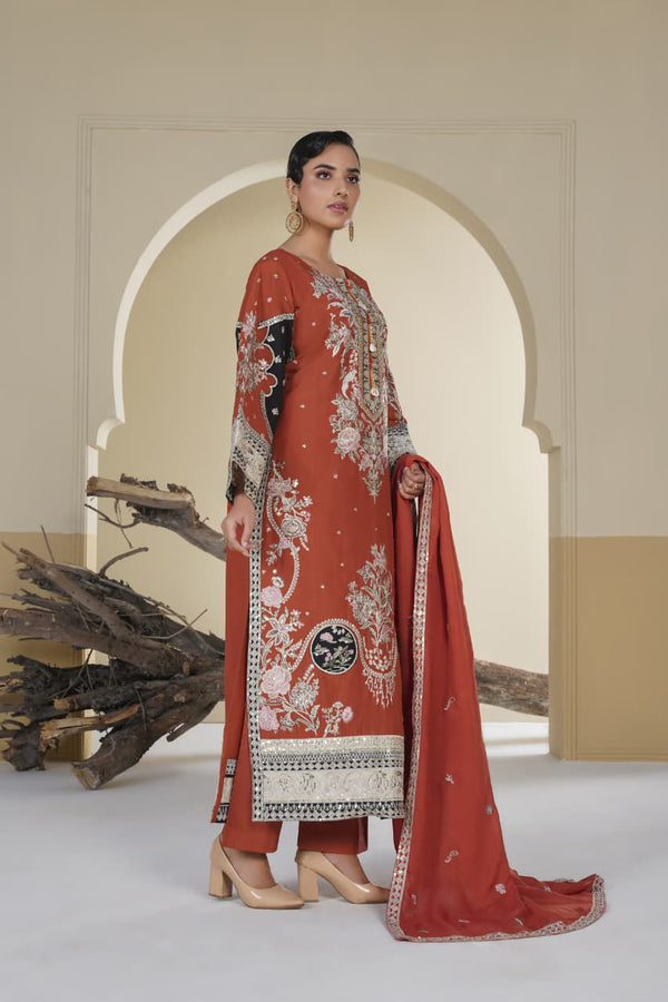 3 Piece Stitched Embroidered Silk Suit