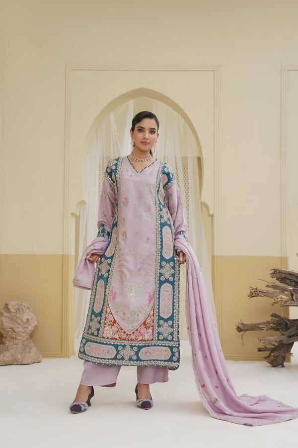3 Piece Stitched Embroidered Silk Suit