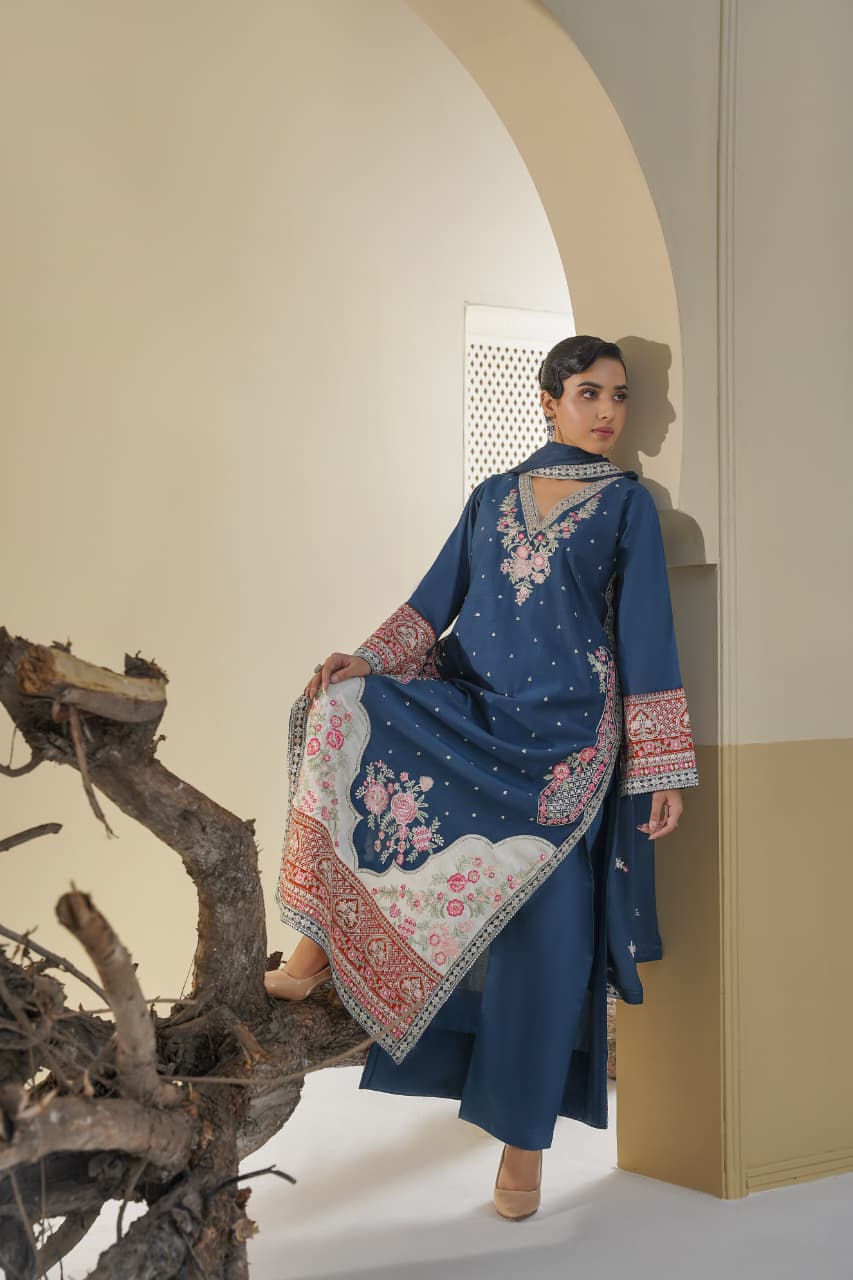 3 Piece Stitched Embroidered Silk Suit