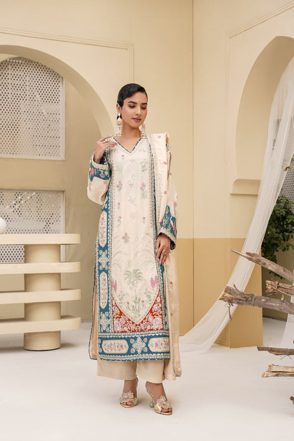3 Piece Stitched Embroidered Silk Suit