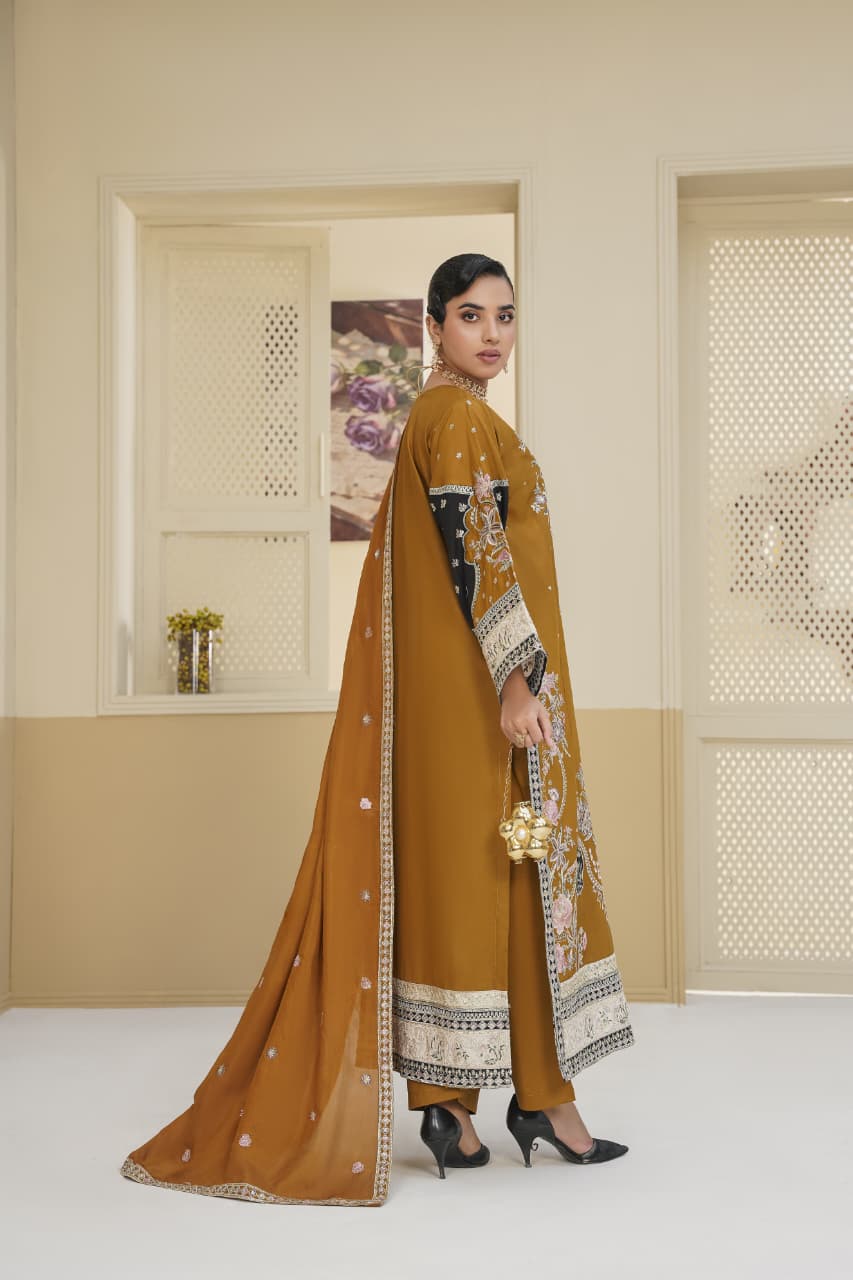 3 Piece Stitched Embroidered Silk Suit