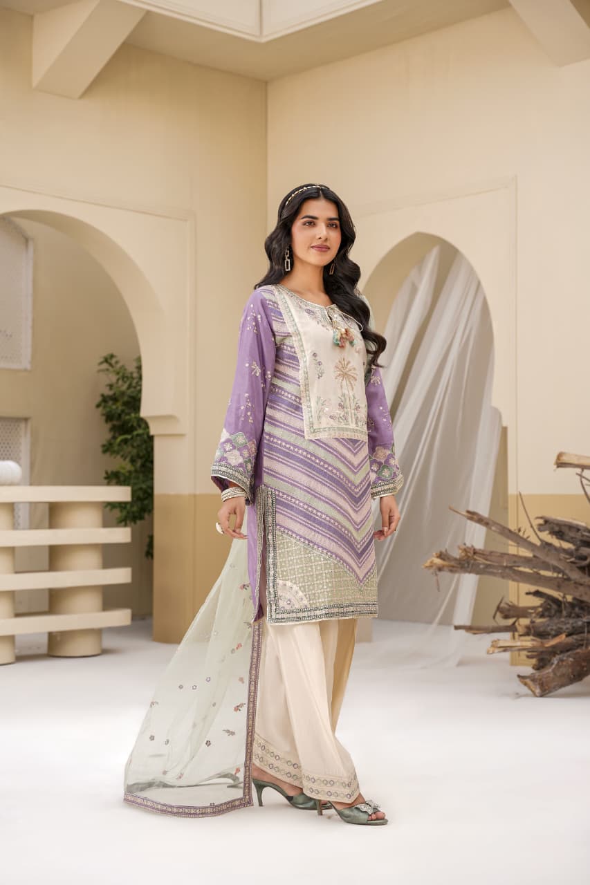 3 Piece Stitched Embroidered Silk Suit