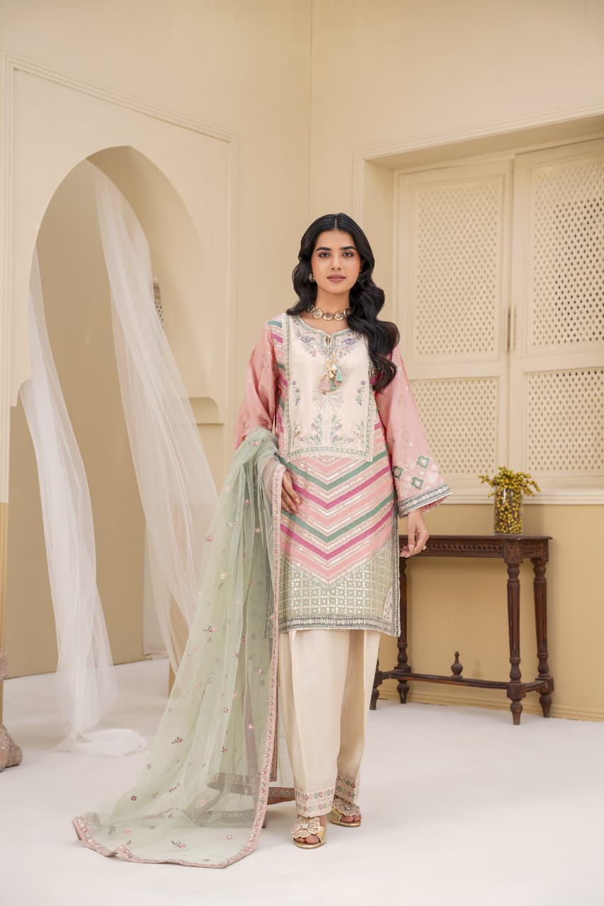 3 Piece Stitched Embroidered Silk Suit