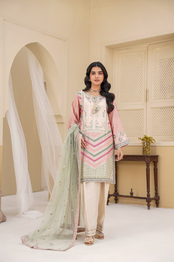 3 Piece Stitched Embroidered Silk Suit