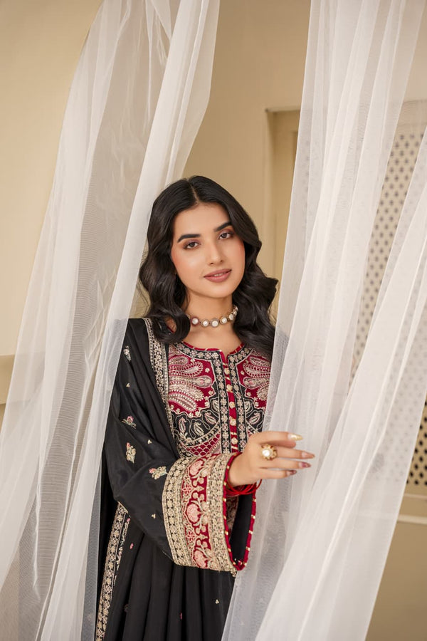 3 Piece Stitched Embroidered Silk Suit