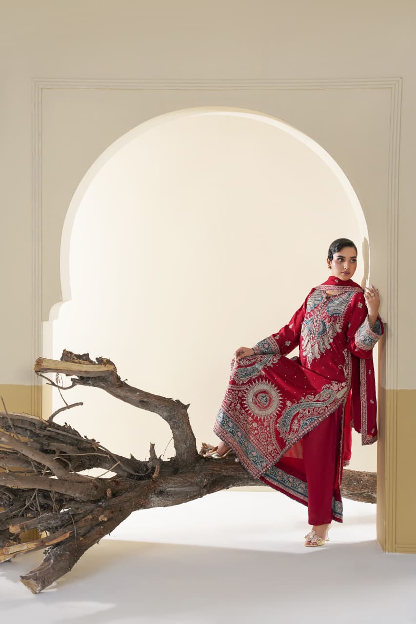 3 Piece Stitched Embroidered Silk Suit