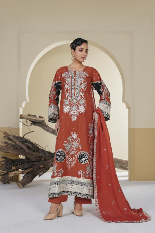 3 Piece Stitched Embroidered Silk Suit