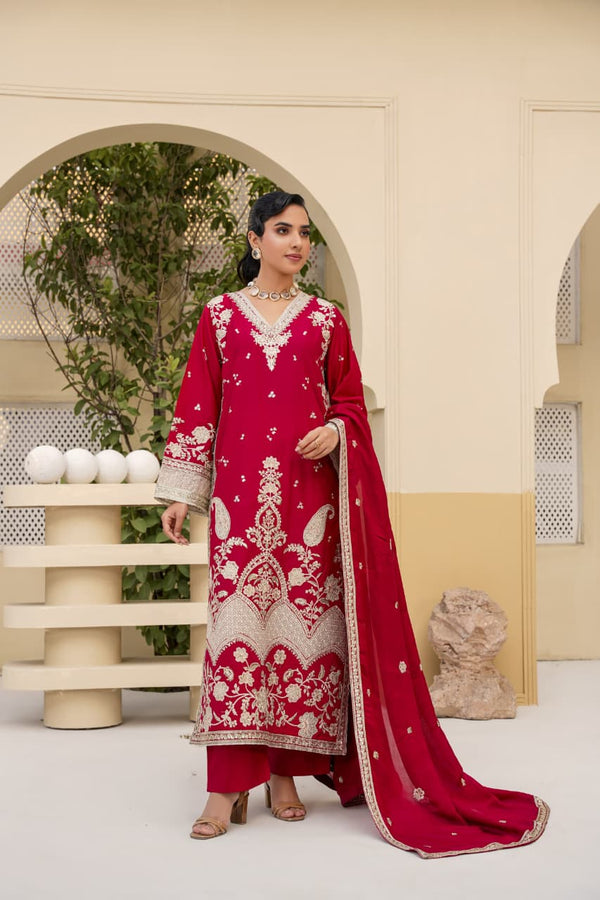 3 Piece Stitched Embroidered Silk Suit