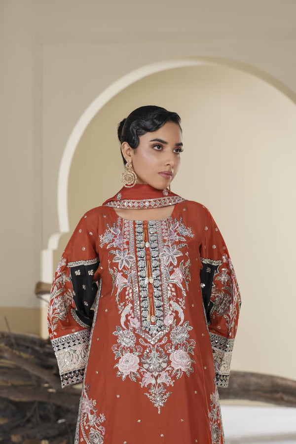 3 Piece Stitched Embroidered Silk Suit