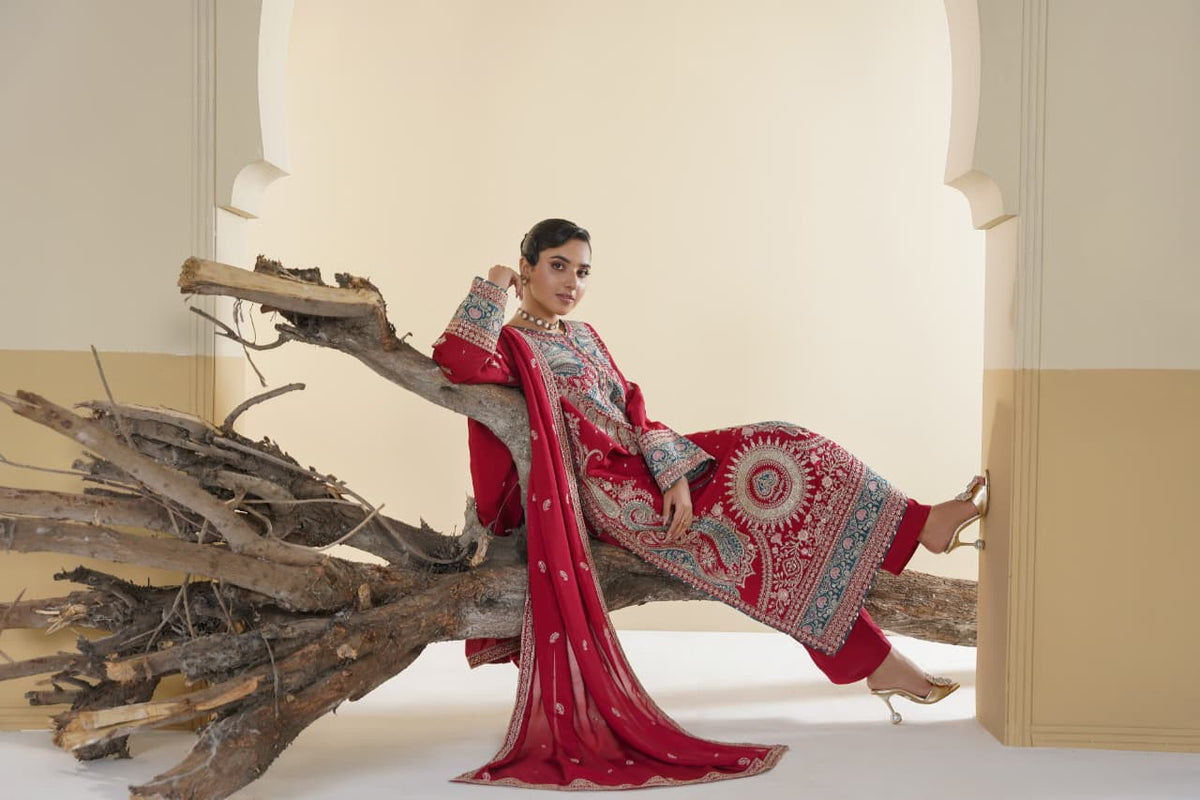 3 Piece Stitched Embroidered Silk Suit