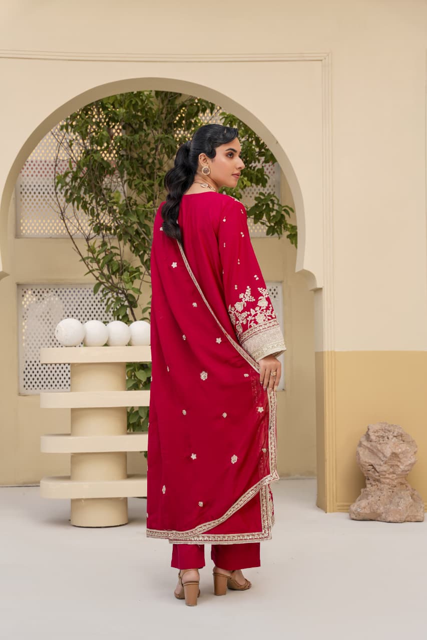 3 Piece Stitched Embroidered Silk Suit