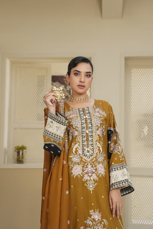 3 Piece Stitched Embroidered Silk Suit