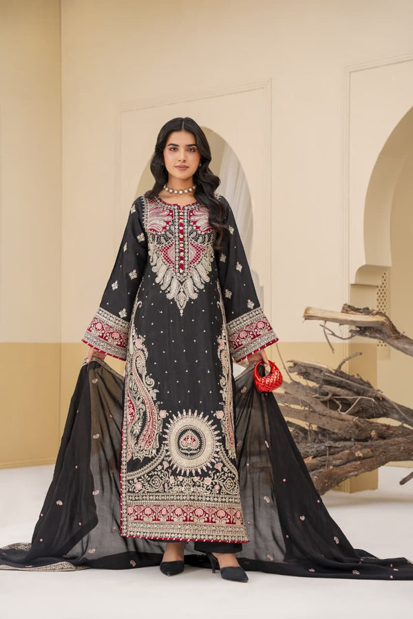3 Piece Stitched Embroidered Silk Suit
