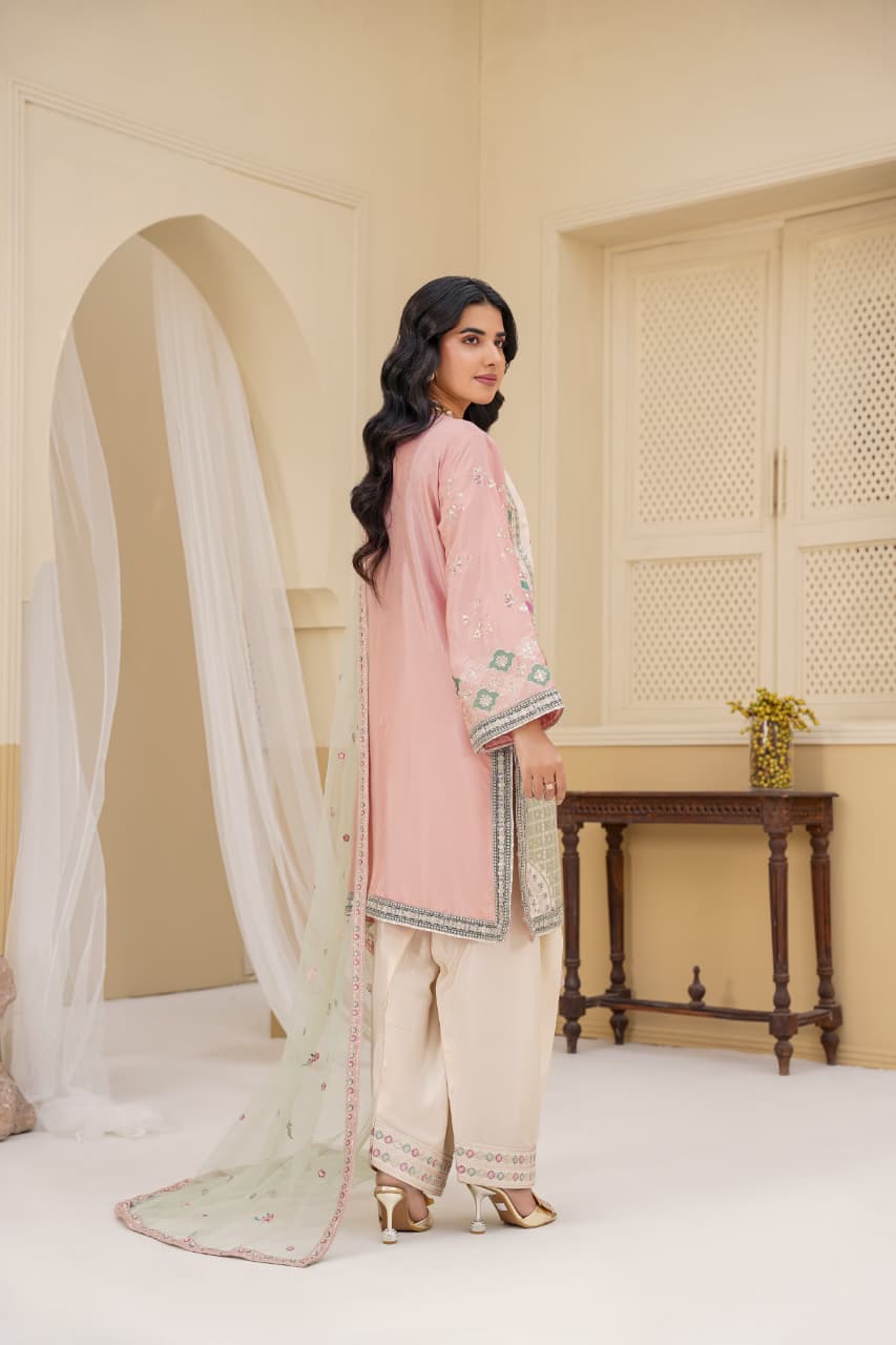 3 Piece Stitched Embroidered Silk Suit