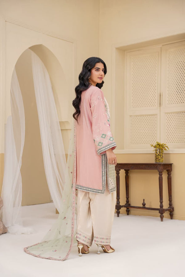 3 Piece Stitched Embroidered Silk Suit