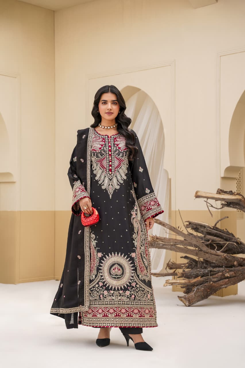 3 Piece Stitched Embroidered Silk Suit Secondary image
