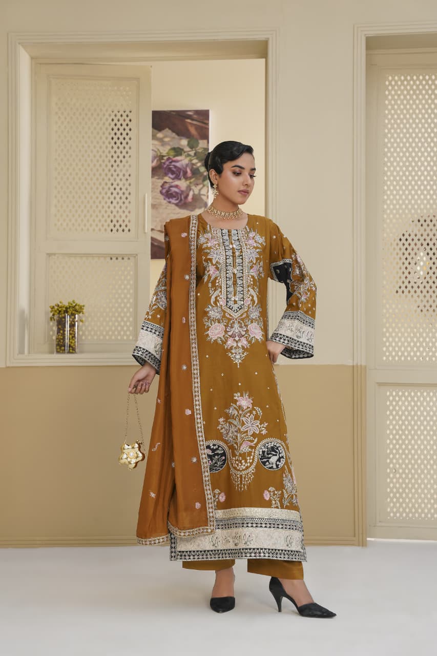 3 Piece Stitched Embroidered Silk Suit