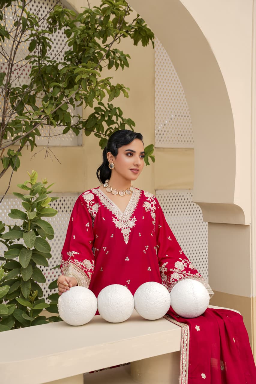 3 Piece Stitched Embroidered Silk Suit