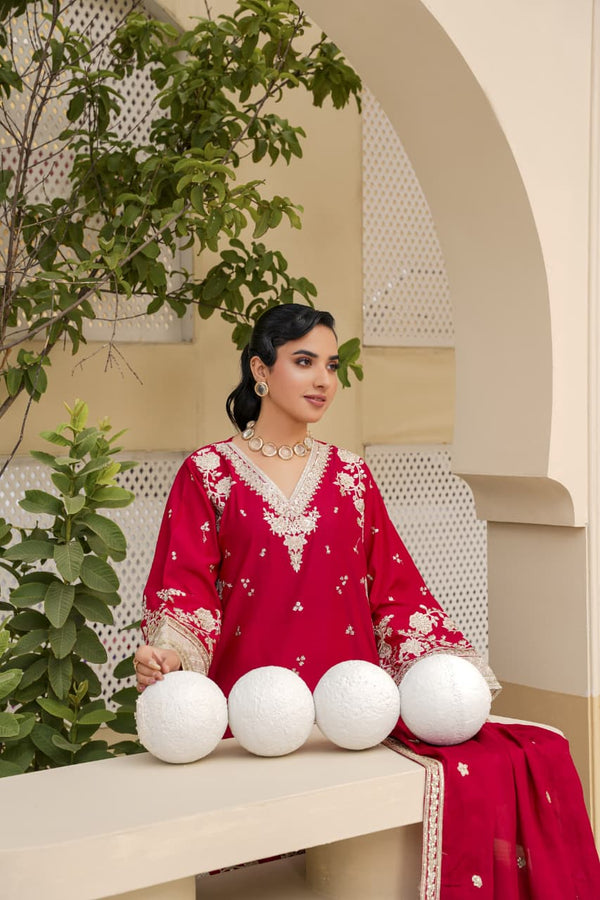 3 Piece Stitched Embroidered Silk Suit