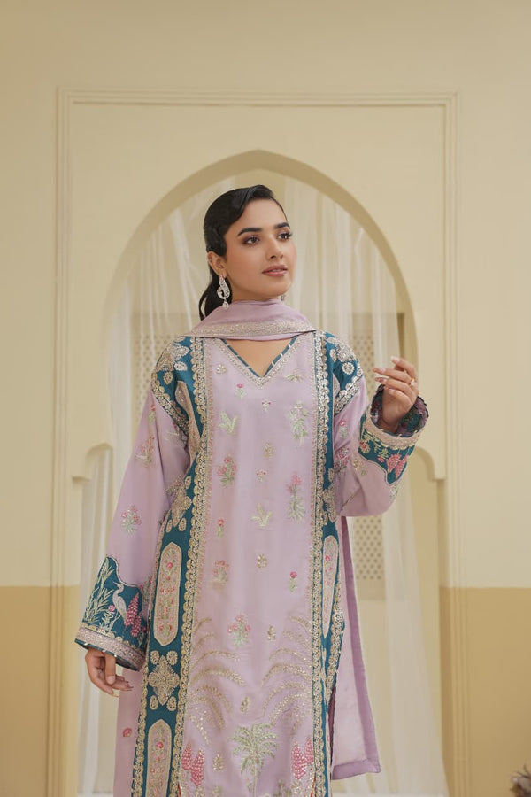 3 Piece Stitched Embroidered Silk Suit