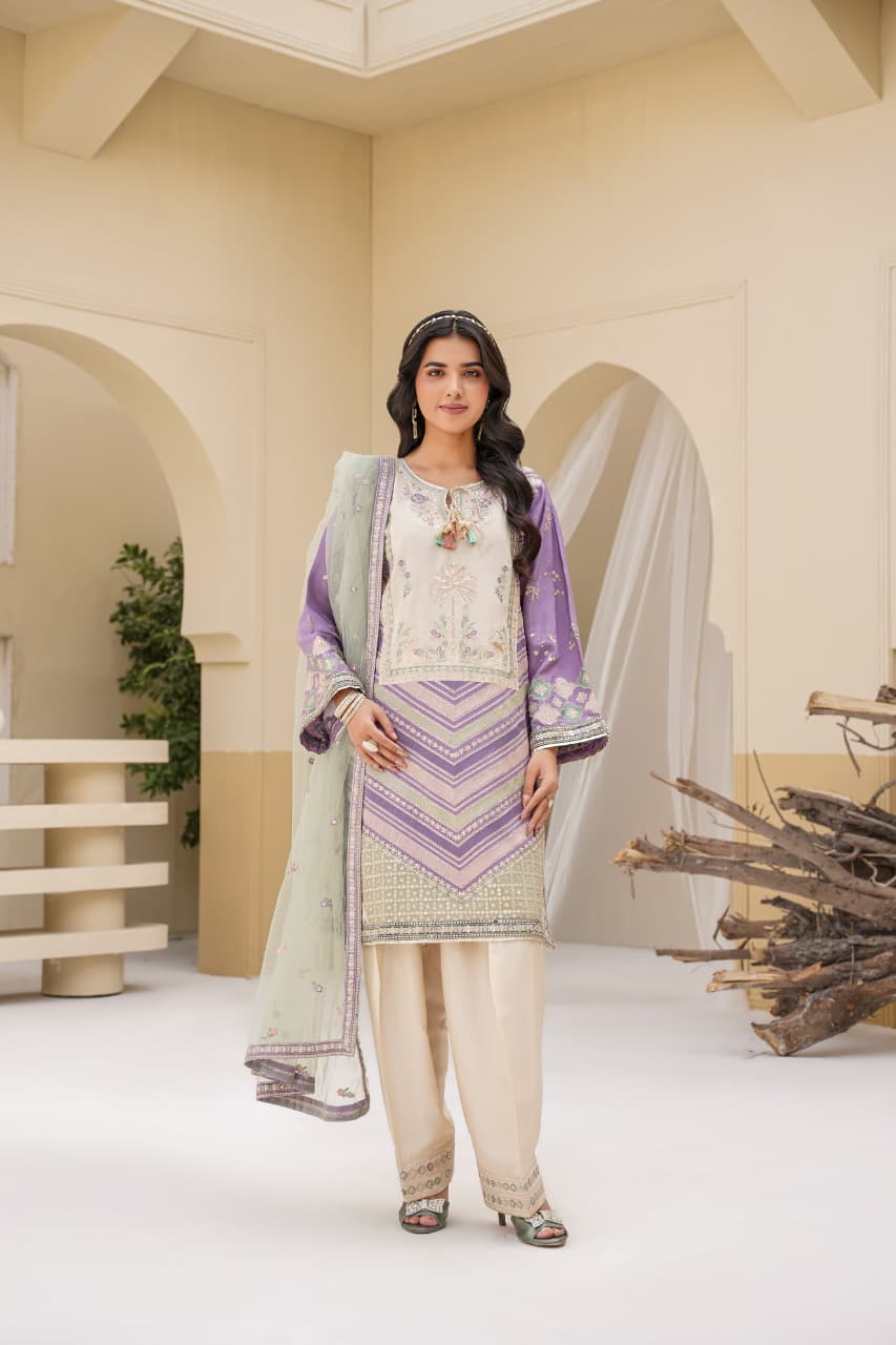 3 Piece Stitched Embroidered Silk Suit