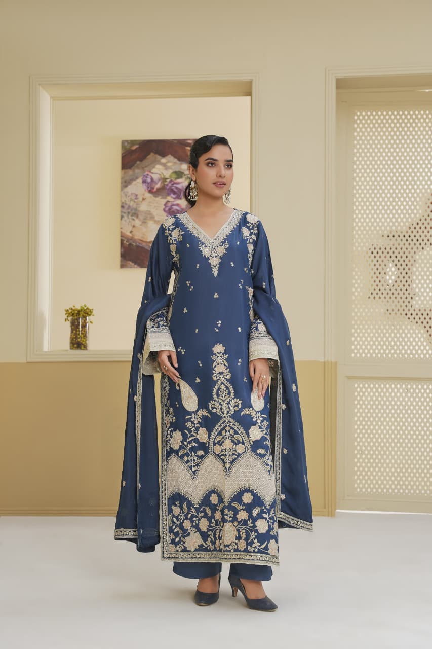 3 Piece Stitched Embroidered Silk Suit