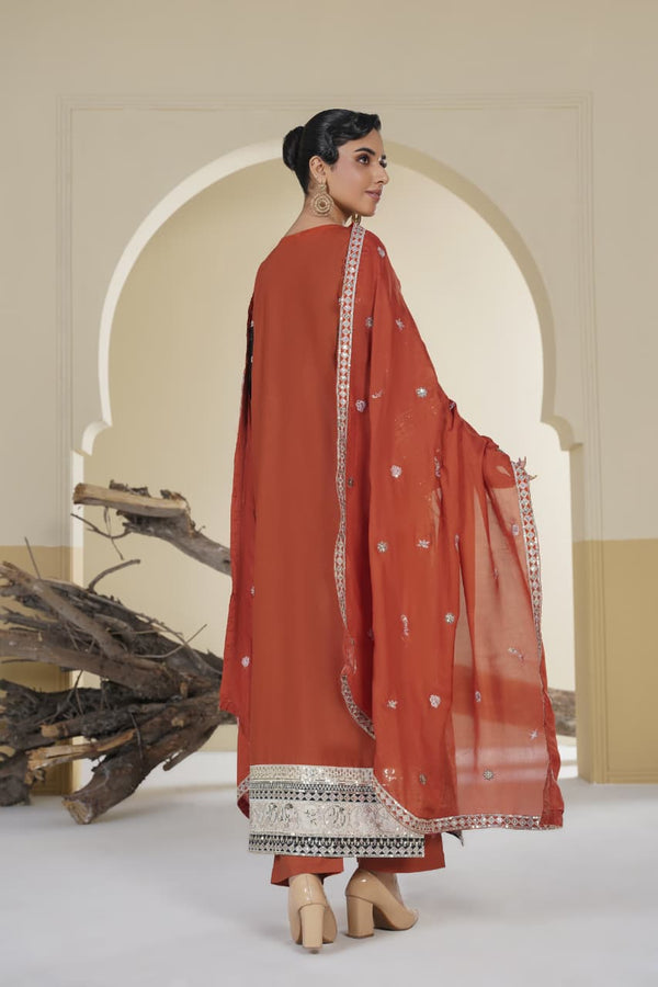 3 Piece Stitched Embroidered Silk Suit